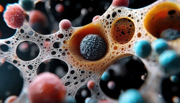 3D rendering, yeast under microscope, detailed cellular structure, bright colors, microscope biology  organisms  yeast