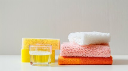 Neatly folded colorful sponges and towels next to a glass of liquid cleaner, presenting a clean and organized bathroom setting.