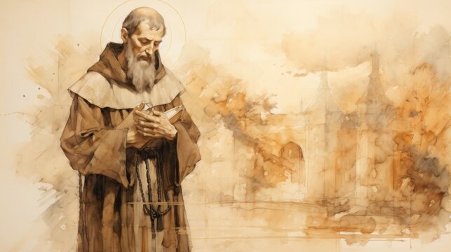 Illustration of Prayer of St. Francis of Paola in 15th-Century Italian Monastery, Biblical Illustration, Beige Background, Copyspace,Christian banner