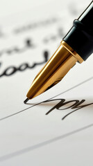A fountain pen elegantly glides across the paper, creating beautiful cursive letters