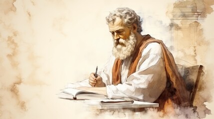 Illustration of Writing of St. Paul the Apostle in 1st-Century Church, Biblical Illustration, Beige Background, Copyspace,Christian banner