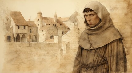 Fototapeta premium Illustration of Vision of St. Julian of Norwich in 14th-Century English Village, Biblical Illustration, Beige Background, Copyspace,Christian banner