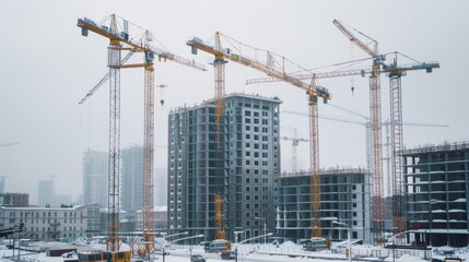 Fototapeta premium A winter construction scene with numerous cranes operating amidst snowy buildings, highlighting urban development in cold weather conditions.