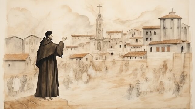 Illustration of Preaching of St. Dominic de Guzman in 13th-Century Spanish City, Biblical Illustration, Beige Background, Copyspace,Christian banner