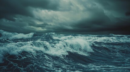 Dark, turbulent ocean waves clash under a brooding, stormy sky, conveying raw power and the untamed nature of the sea.