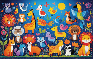 Naklejka premium Illustrative childlike depiction of various cute and friendly animals from nature in bright colors