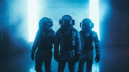 Fototapeta premium Three astronauts silhouetted against a bright, futuristic backdrop of glowing light panels, evoking a high-tech, science fiction atmosphere.