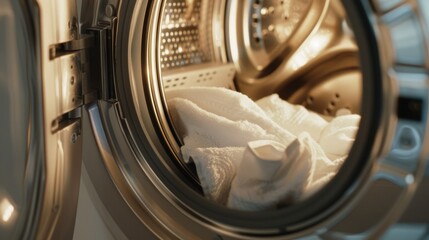 Close-up of clean white towels inside a washing machine, illuminated by warm light, evoking freshness and domestic comfort.
