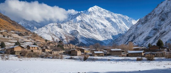 Himalayan Village Nestled in Snowy Mountains