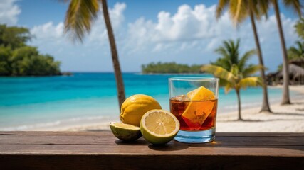 Glass of Caribbean Rum with Tropical Fruits on a Beachside Table