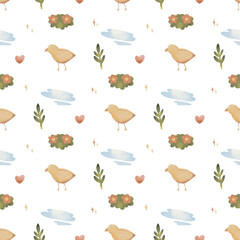 Hand drawn watercolor style of cute  chick seamless pattern. Cute chick pattern in watercolor style, cute pattern, vector pattern, cute chick pattern, cute chick pattern
