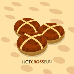 National Hot Cross Bun Day event food banner. Bread made from yeast and usually topped with lemon zest on light yellow background to celebrate on September 11