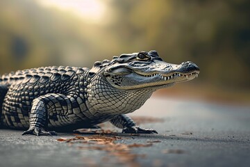 Fototapeta premium American Alligator crossing the road in in rural Florida. Generative Ai
