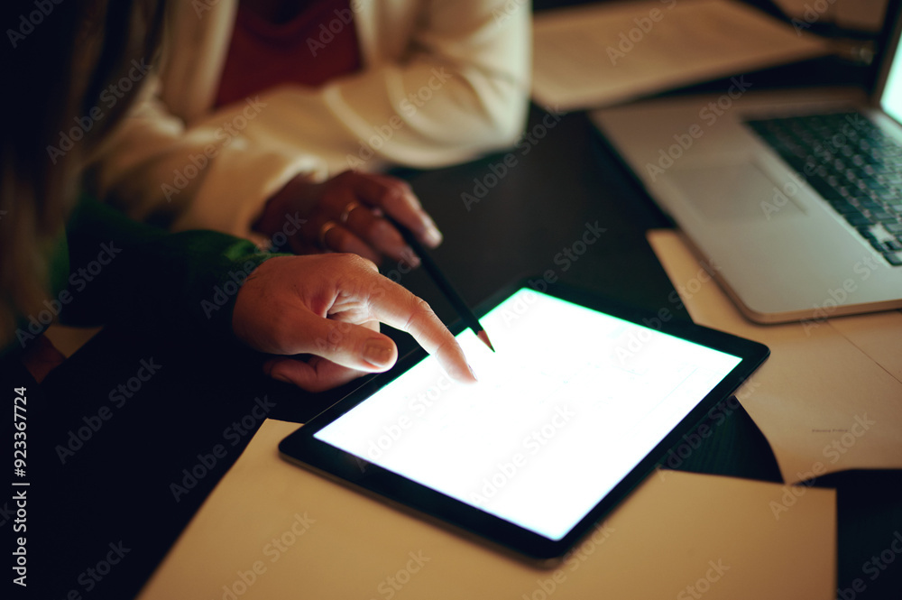 Poster hands, technology and night for research, email and management report in office with mockup space. b