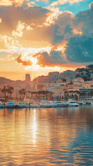 Obraz premium A beautiful sunset over a harbor with boats docked in the water
