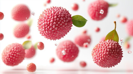 Bunch of lychee fruits floating in mid-air on a white background 