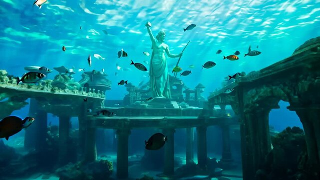 Ancient lost sunken Atlantis city. Old beautiful architecture on ocean floor. Sea bottom. Underwater secrets. Forgotten civilization concept. Natural seascape. World history. Buildings under water.