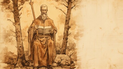Illustration of Holding Axe and Book of St. Boniface in Germanic Forest, Biblical Illustration, Beige Background, Copyspace,Christian banner