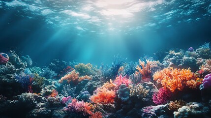 Fototapeta premium Coral reef bleaching underwater scene with vibrant marine life struggling for survival