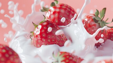 Juicy strawberries splashing into white cream, creating an exciting blend of red and white against a soft pink background.