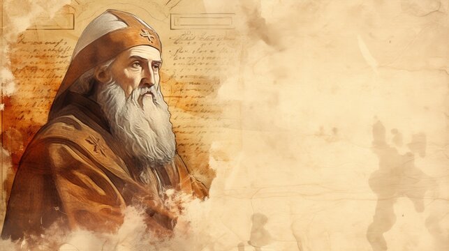 Illustration of Reflection of St. Cyril of Alexandria in Ancient Alexandria, Biblical Illustration, Beige Background, Copyspace,Christian banner