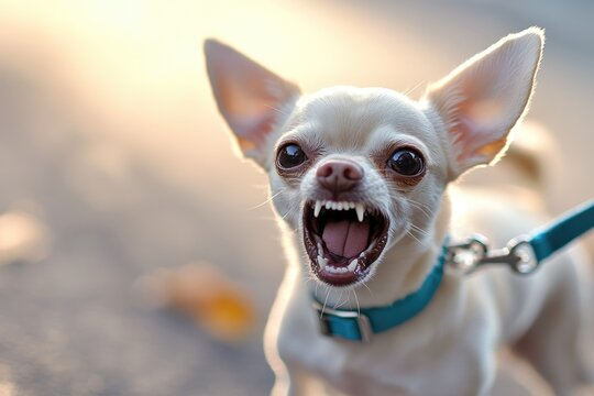Dog Barking On Leash. Angry Chihuahua Pet with White Collar in Close-up - Powered by Adobe