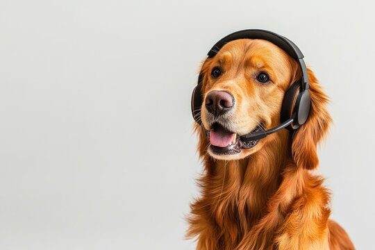 Dog Headset. Golden Retriever Wearing Headset on White Background