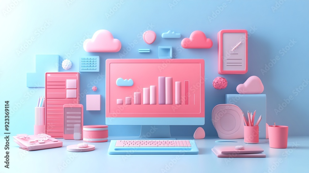 Poster Minimalist 3D Desktop with Growth Chart.