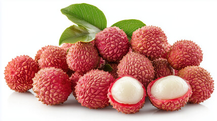 A pile of lychee fruits with leaves on a white background 