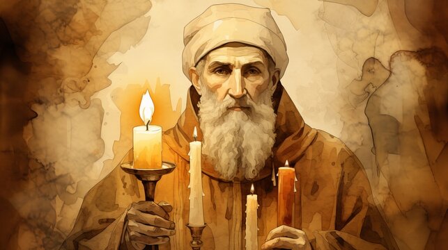 Illustration of St. Blaise of Sebaste with Candles in Ancient Armenia, Biblical Illustration, Beige Background, Copyspace,Christian banner