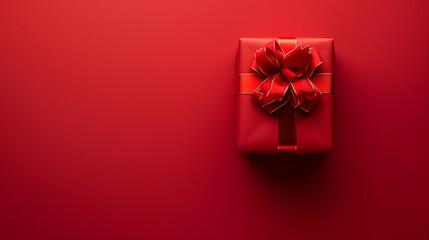 Luxury single red gift box isolated on a red background with copy space, present for Christmas or Valentine's Day.