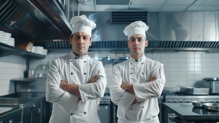 Two chefs, standing confidently in a professional kitchen with arms crossed, epitomizing teamwork, expertise, and culinary precision.