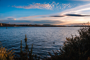 The beautiful sunrise reflecting on lake burley griffin, Canberra, in the morning