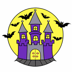 Happy Halloween Concept With Flying Bats, Old Cemetery, Castle And Full Moon