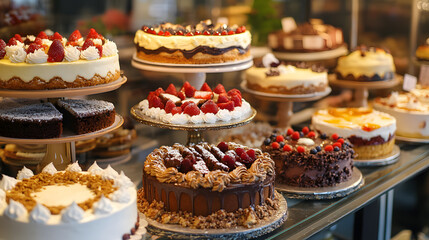 Delicious cakes on display in a bakery commercial advertising photo