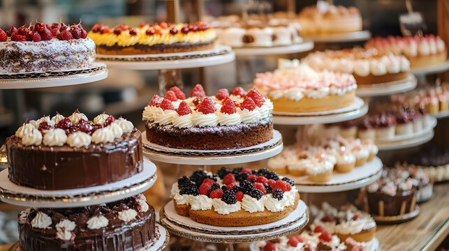 Delicious cakes on display in a bakery commercial advertising photo
