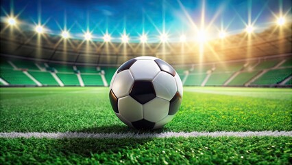 Fototapeta premium Soccer ball resting on vibrant green soccer field, soccer, ball, green, field, grass, outdoor, sports, recreation, game, equipment
