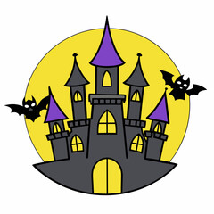Happy Halloween Concept With Flying Bats, Old Cemetery, Castle And Full Moon