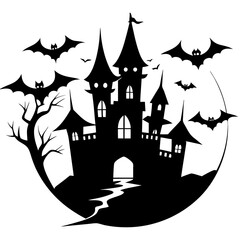 Happy Halloween Concept With Flying Bats, Old Cemetery, Castle And Full Moon