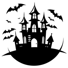 Happy Halloween Concept With Flying Bats, Old Cemetery, Castle And Full Moon
