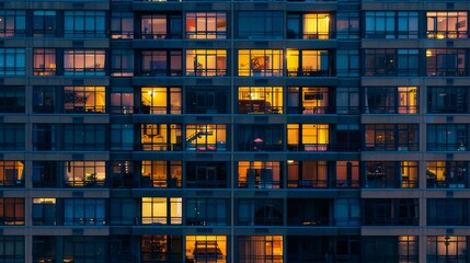 A building facade with a grid of glowing windows at dusk, revealing illuminated rooms that suggest lives and stories within.