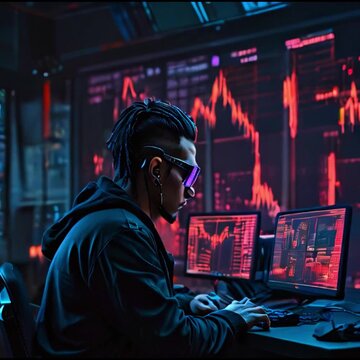 Person at work in the night, data analyst or scientist working on graph data in office at night, cybersecurity or trading chart or hacker on computer Generative AI