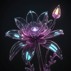 Jelly glossy technopunk flower, digital art, shiny glossy surfaces with integrated LED lights that illuminate the petals and stem, simulating a high-tech botanical specimen.