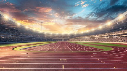 A well-lit stadium at dusk, with the sky painted in hues of blue and orange, preparing for an upcoming athletic event.