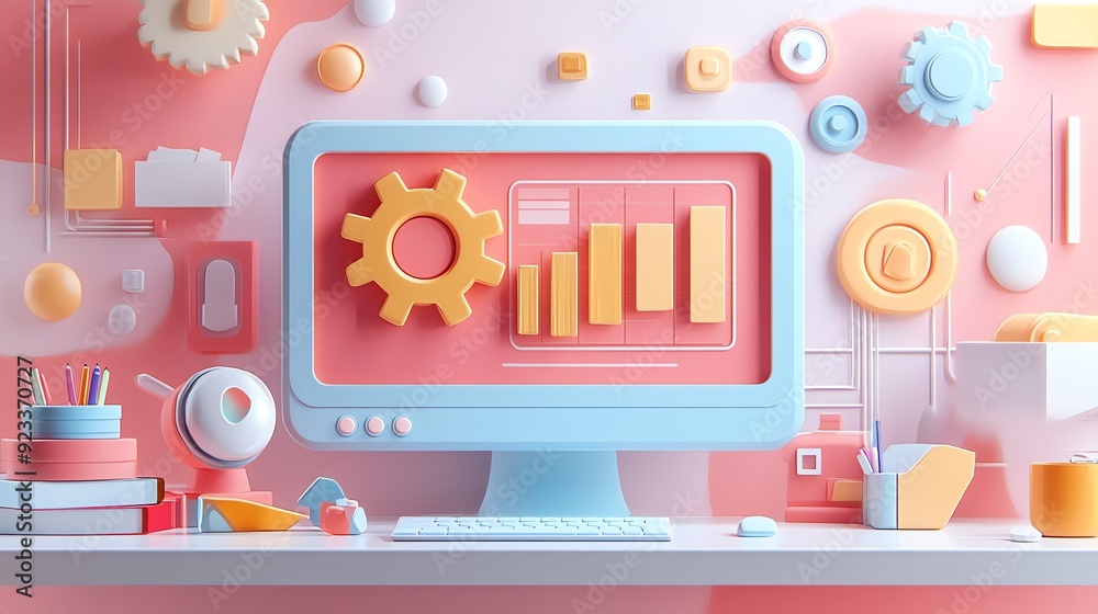 Aufkleber Computer with bar chart and cogwheel on screen.