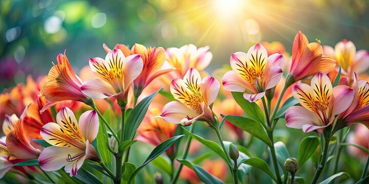 Radiant image of Alstroemeria blossoms bathed in morning light, Alstroemeria, blossoms, flowers, radiance, morning glow