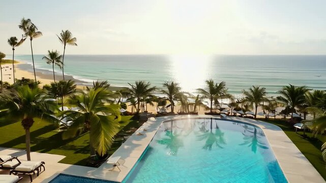 Outdoor swimming pool with sun loungers and umbrellas in exotic location. Tropical hotel resort. Nobody, early morning. Beautiful drone aerial view. Sunbed near blue water. Luxury rest vacation abroad