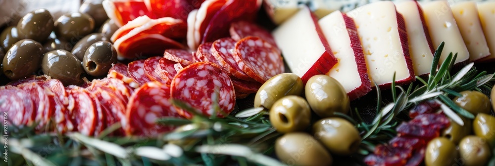 Poster Assorted Cheeses, Olives, and Salami on a Charcuterie Platter