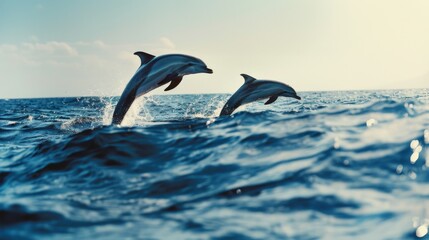 Obraz premium Two dolphins leap gracefully above the ocean waves under a serene sky, capturing the essence of freedom and playfulness.