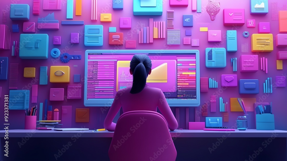 Poster woman working on computer with colorful geometric shapes.